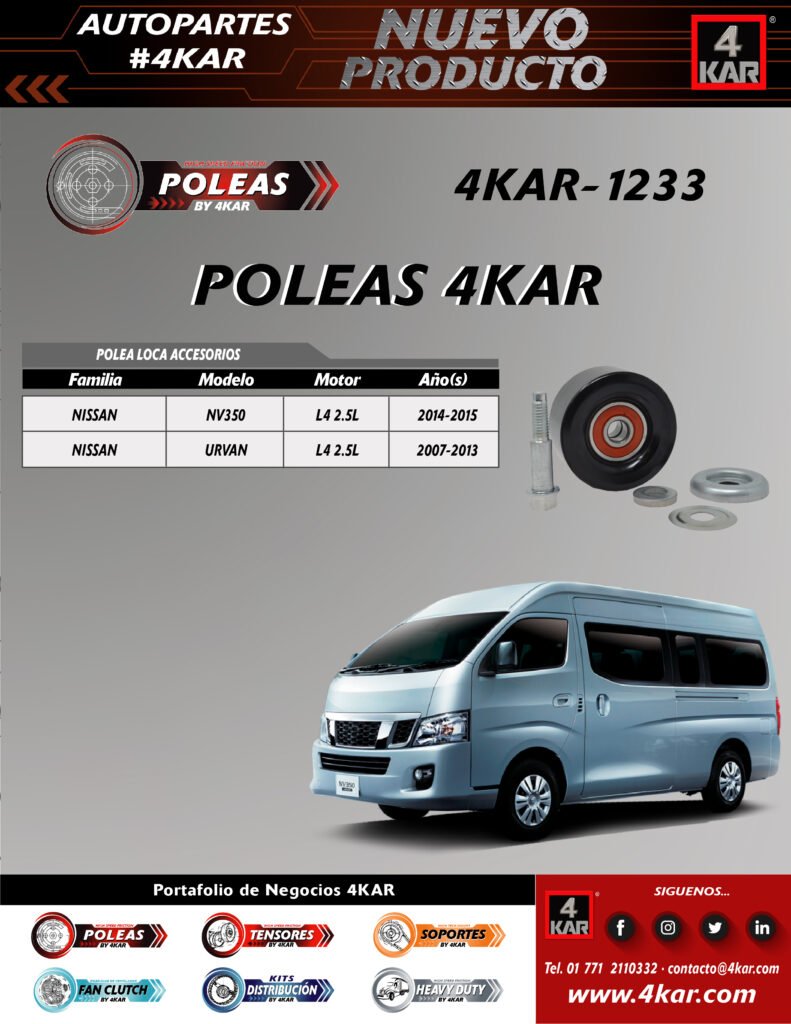 4KAR-1233
Poleas 4KAR
Nissan
NV350 L4 2.5L
Urvan L4 2.5L